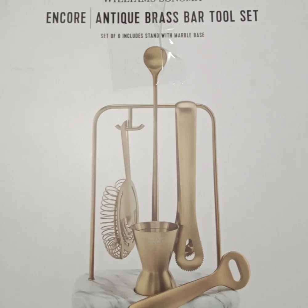 Williams Sonoma Encore Antique Brass Bar Tool Set with Marble Base Barware NIB